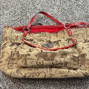 Coach Red and Brown Shoulder Bag with Distinctive Design